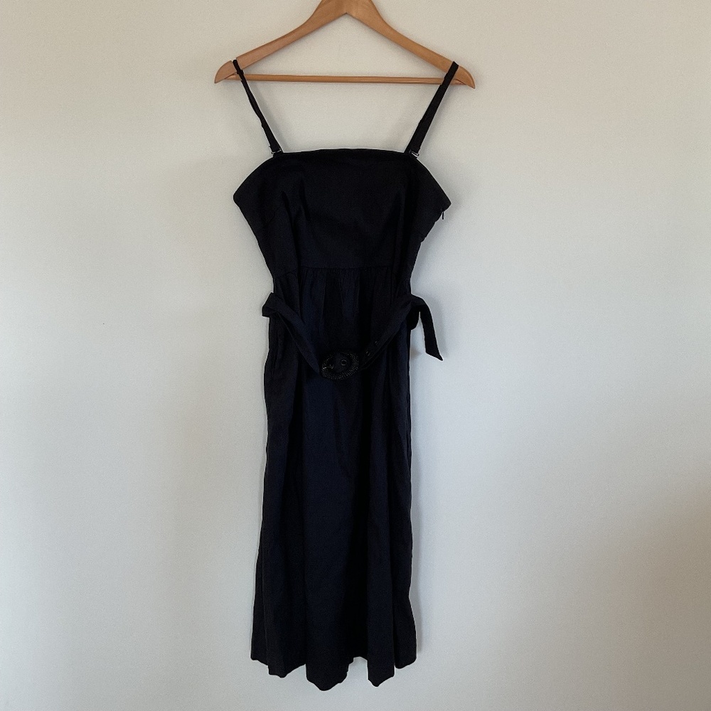 Joie Midi Black Linen Blend Smocked Black Dress Sundress Sz 12 Belted Pockets